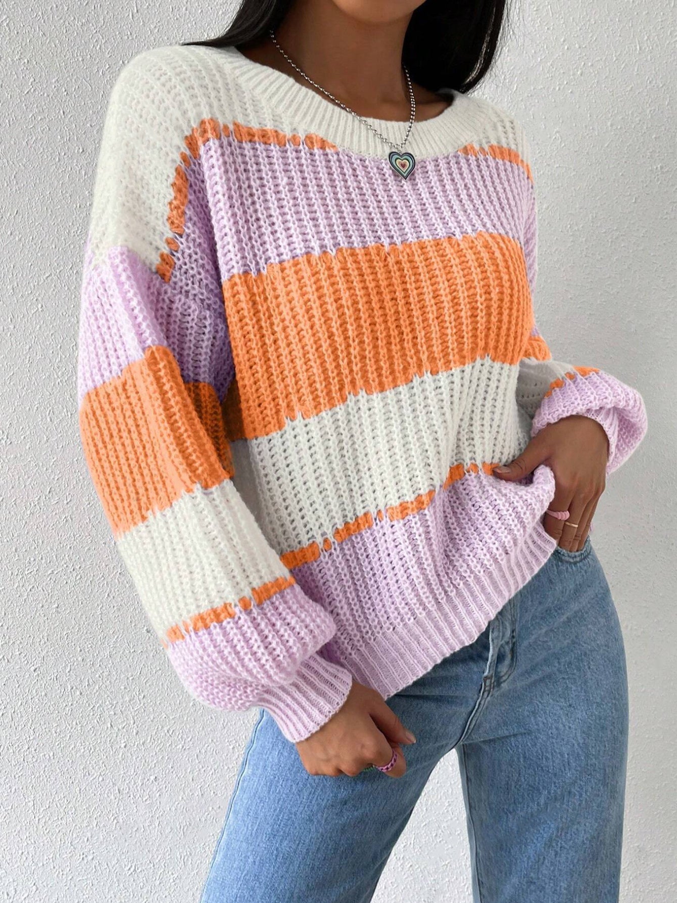 Lola | Women's Color Block Striped Knit Sweater Purple Cream