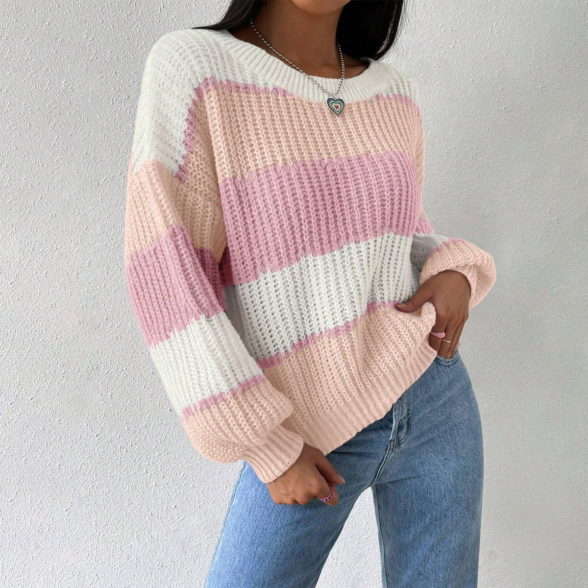 Lola | Women's Color Block Striped Knit Sweater Purple Cream