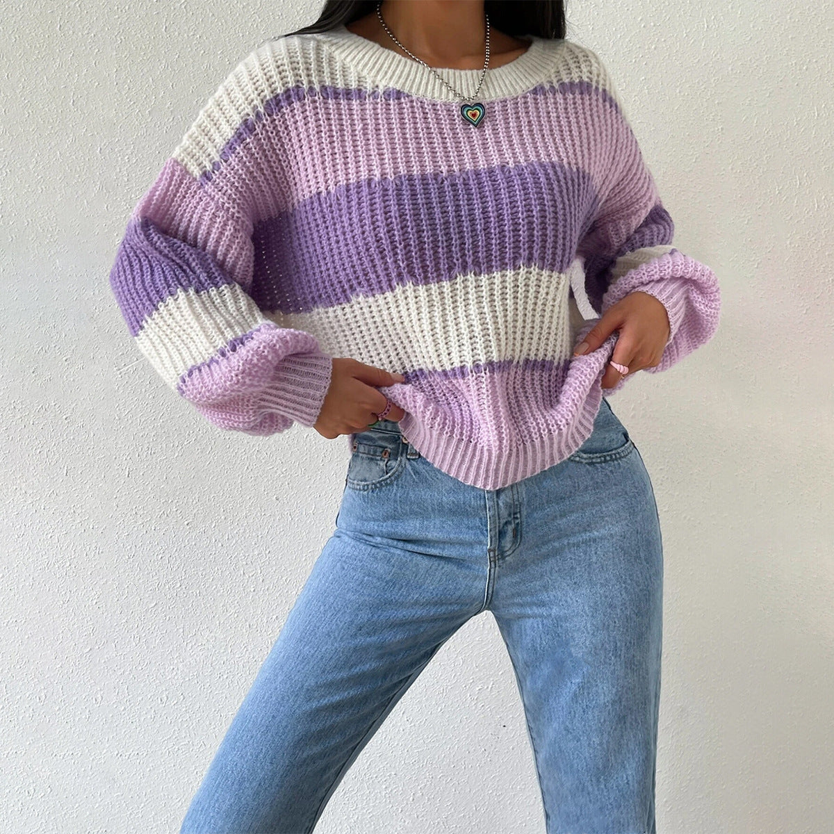 Lola | Women's Color Block Striped Knit Sweater Purple Cream
