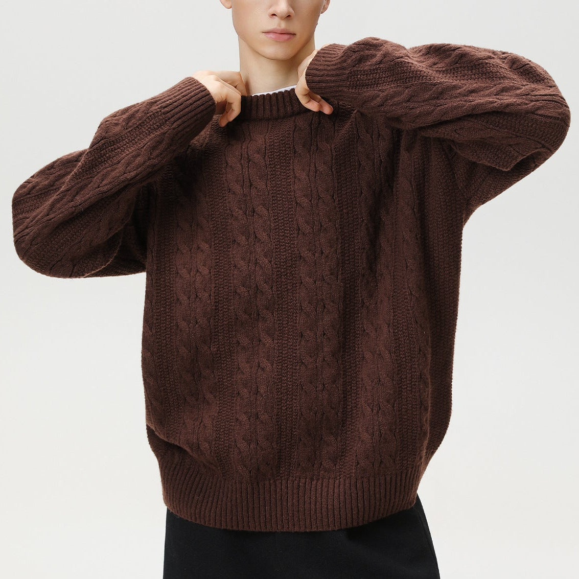 Axel | Men's Cable Knit Sweater Burgundy Crew Neck