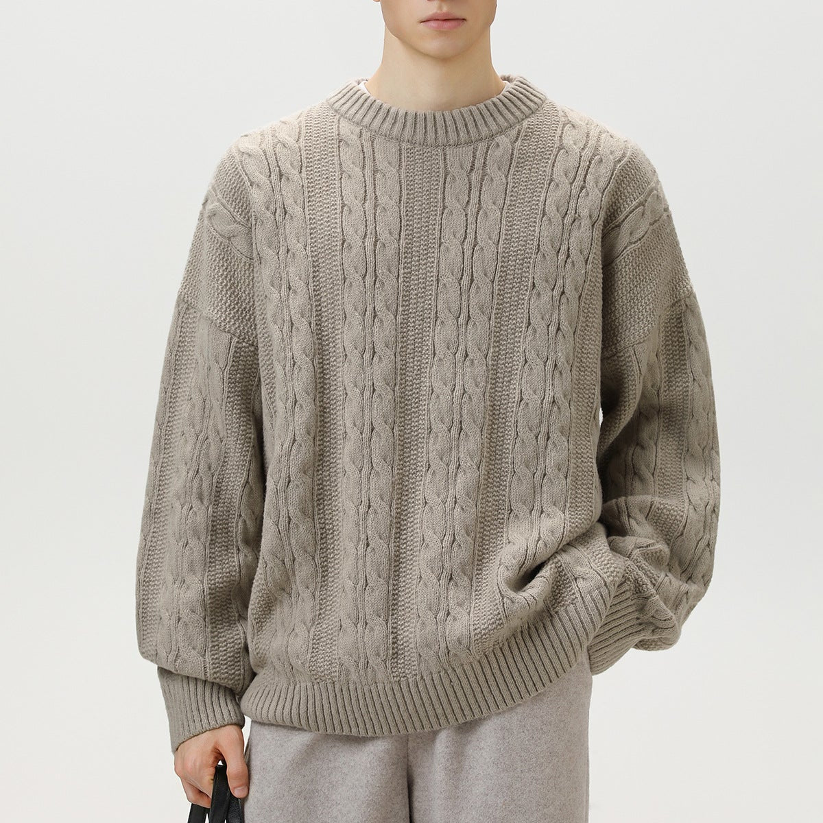 Axel | Men's Cable Knit Sweater Burgundy Crew Neck