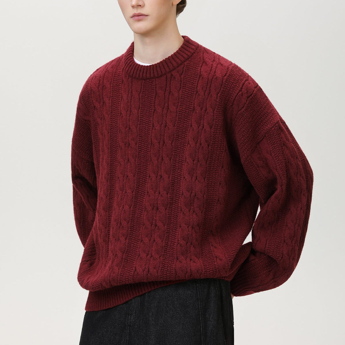 Axel | Men's Cable Knit Sweater Burgundy Crew Neck