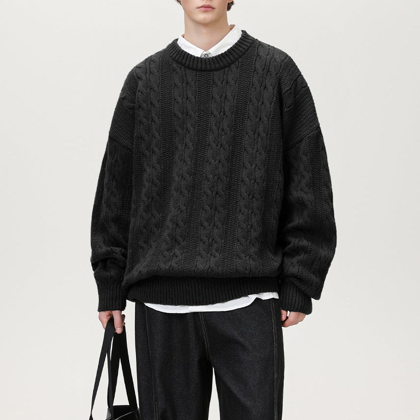 Axel | Men's Cable Knit Sweater Burgundy Crew Neck