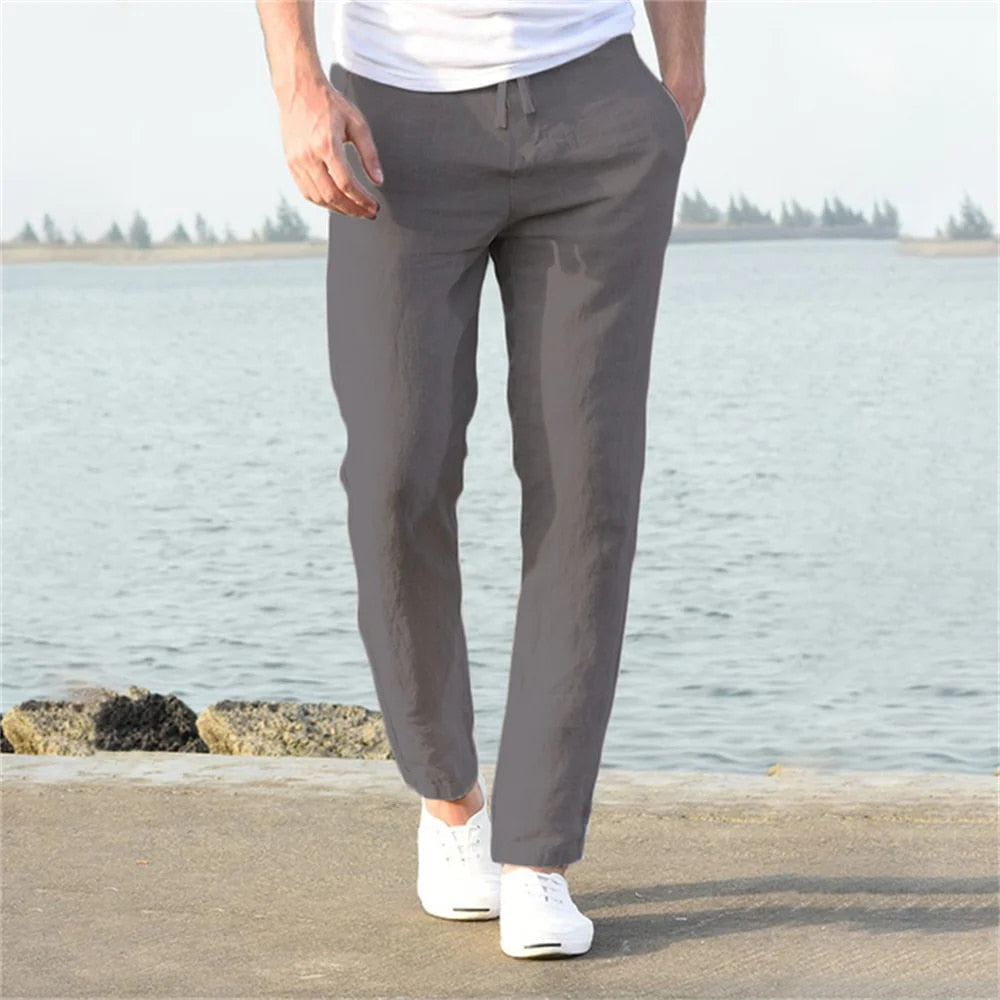 Axel | Men's Linen Pants White Straight Leg Drawstring