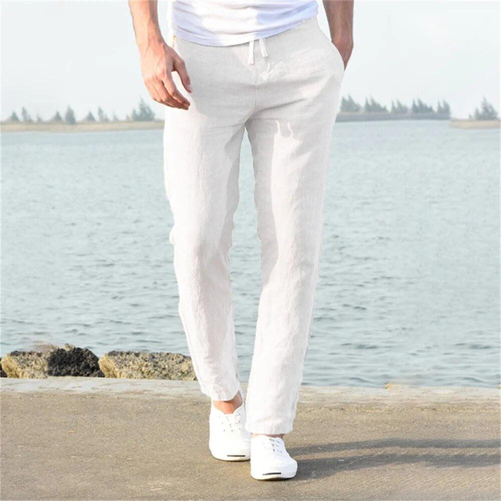 Axel | Men's Linen Pants White Straight Leg Drawstring