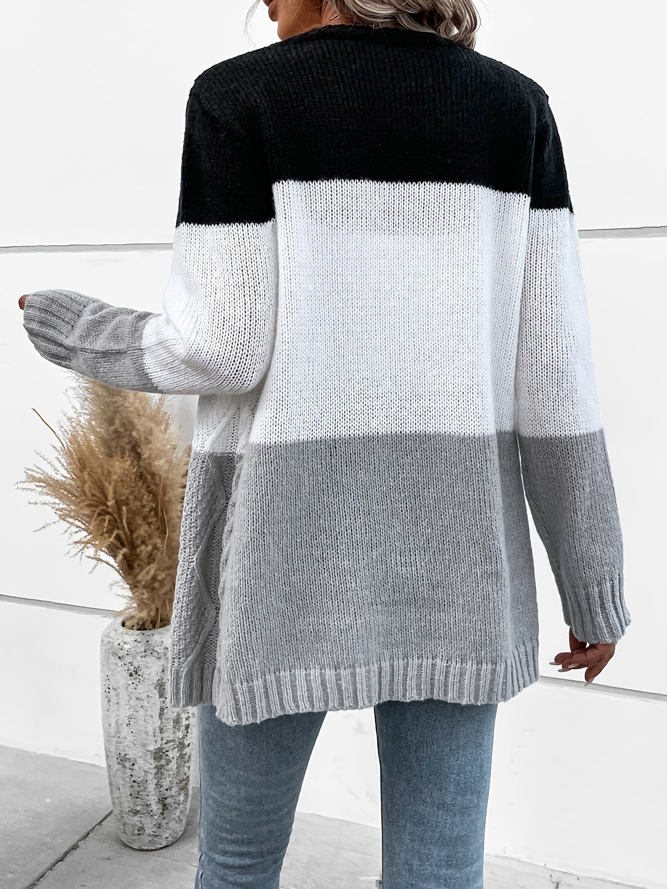Stella | Women's Cable Knit Cardigan Pink White Color Block