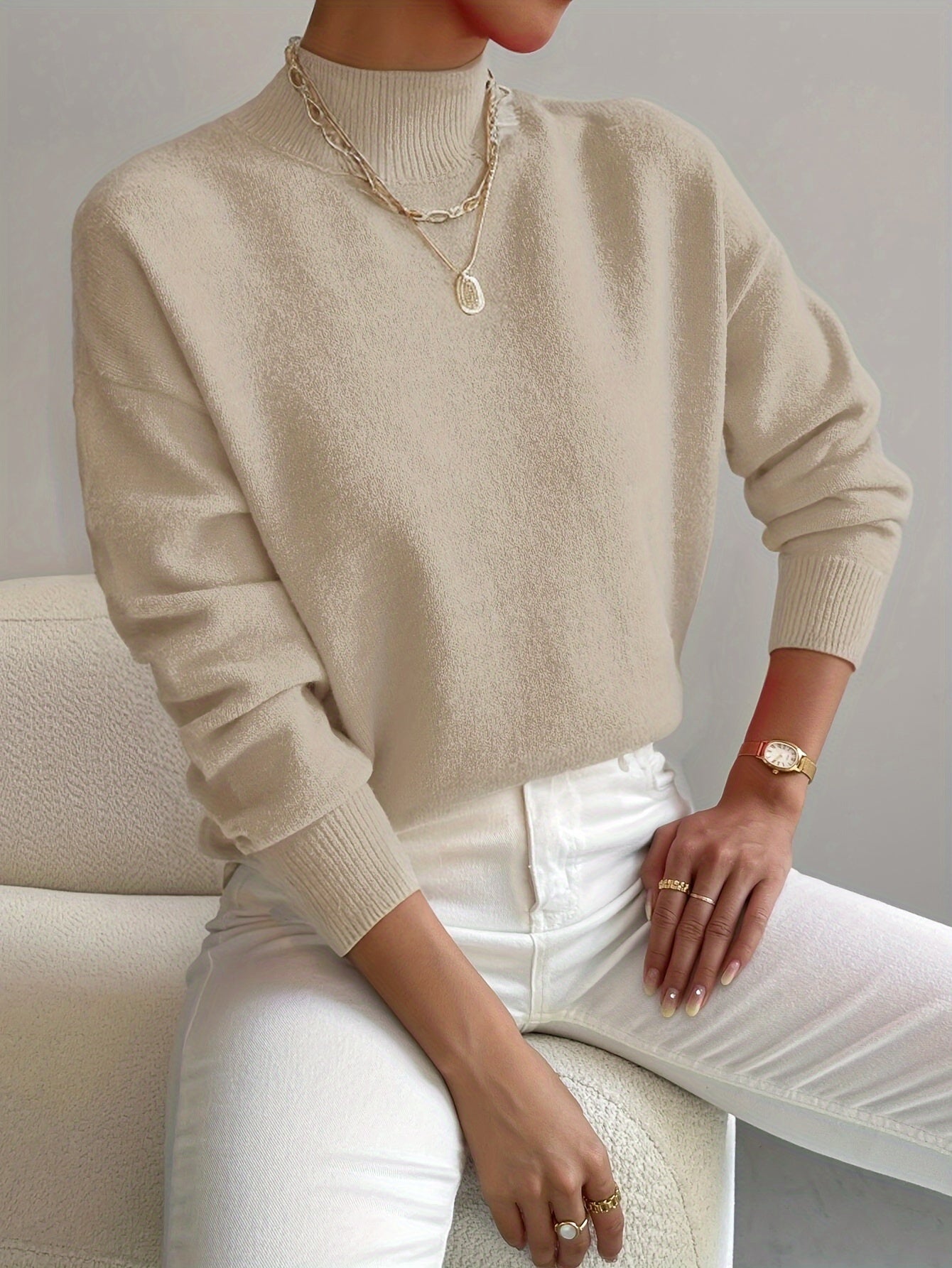 Maeve | Women's Crew Neck Sweater Cream Knit Long Sleeve