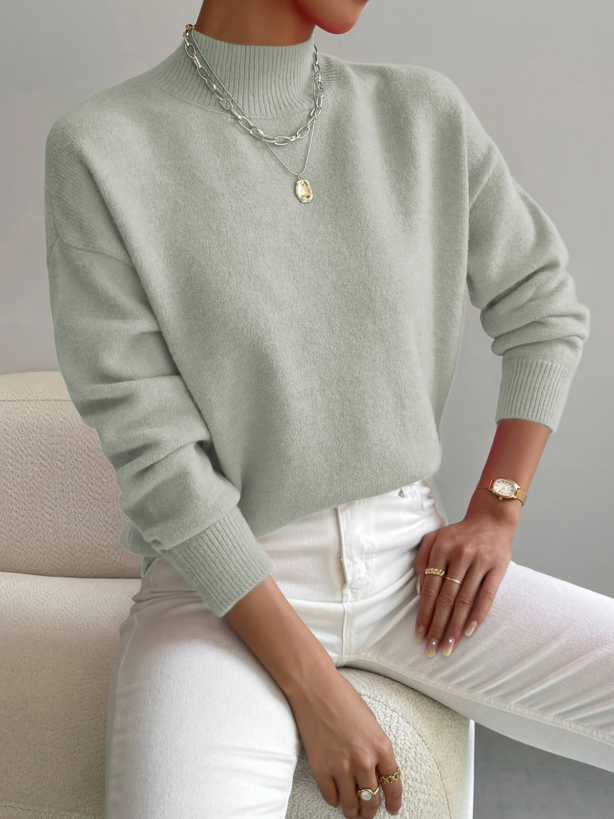 Dama Washington Maeve women's crew neck sweater cream knit long sleeve - front view