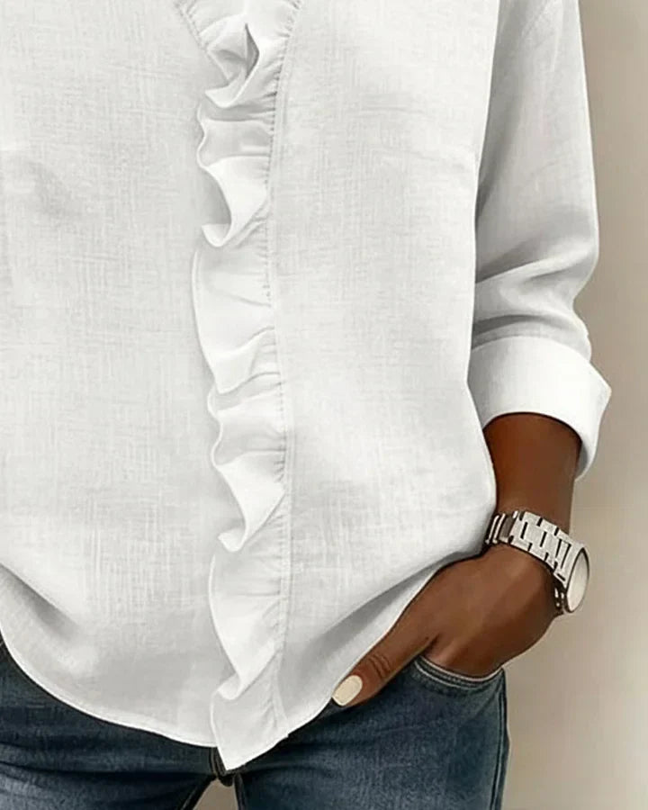 Camille | Women's Ruffle V Neck Blouse Pink Long Sleeve