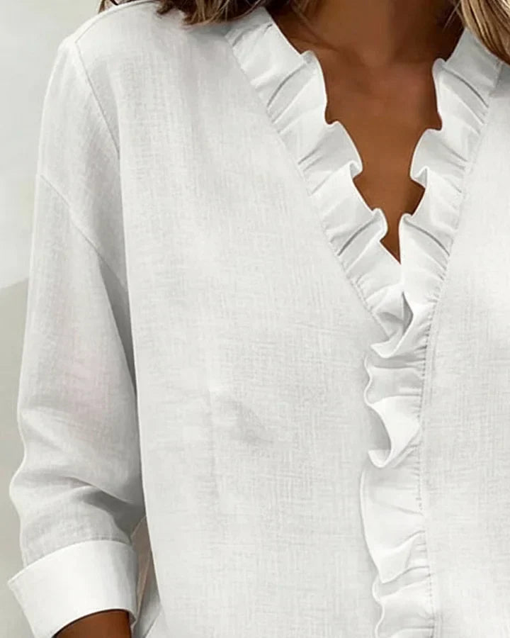 Camille | Women's Ruffle V Neck Blouse Pink Long Sleeve