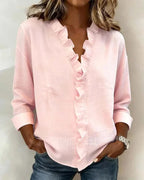 Dama Washington Camille women's ruffle v neck blouse pink long sleeve - front view