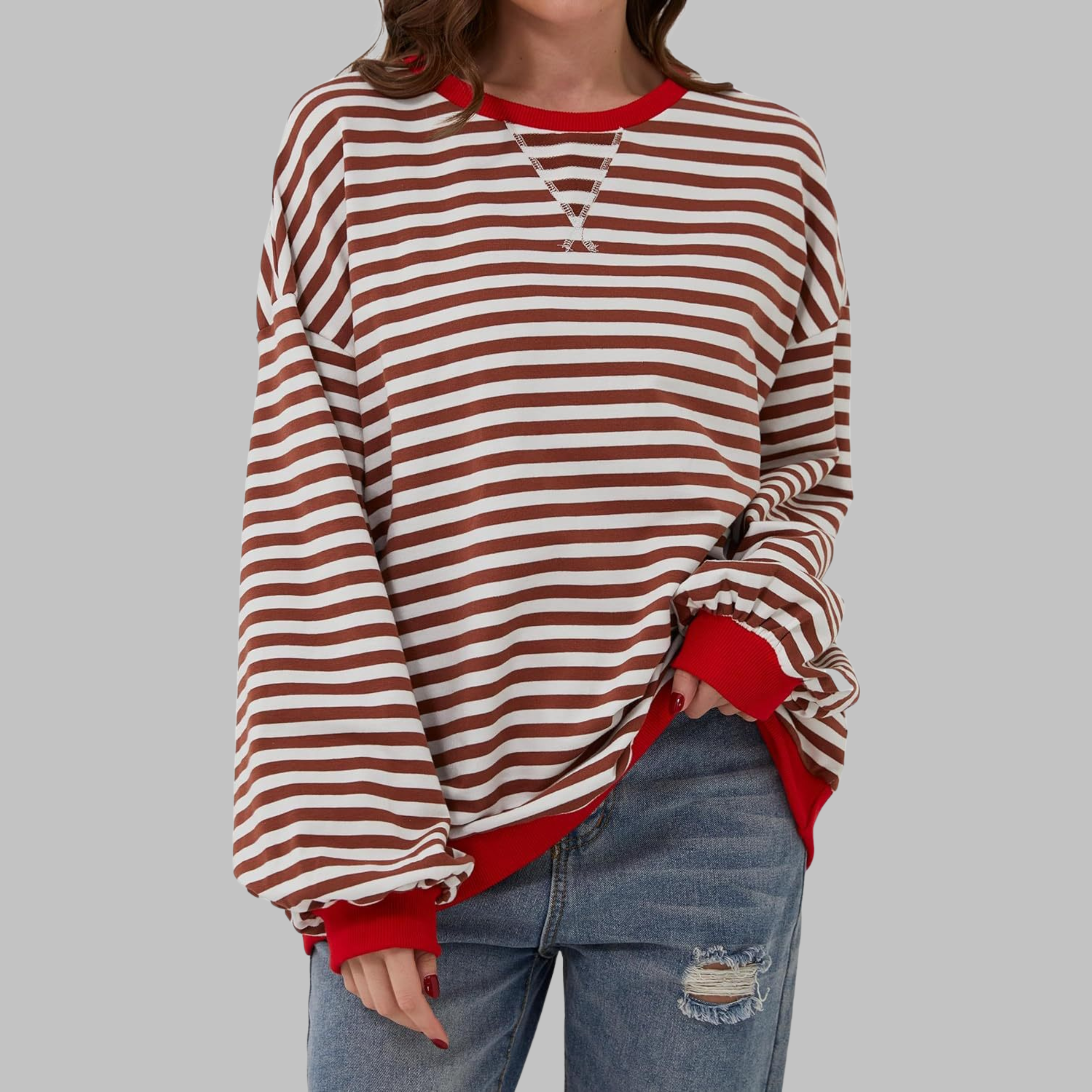Lola | Women's Striped Long Sleeve Sweater Black White Blue Trim