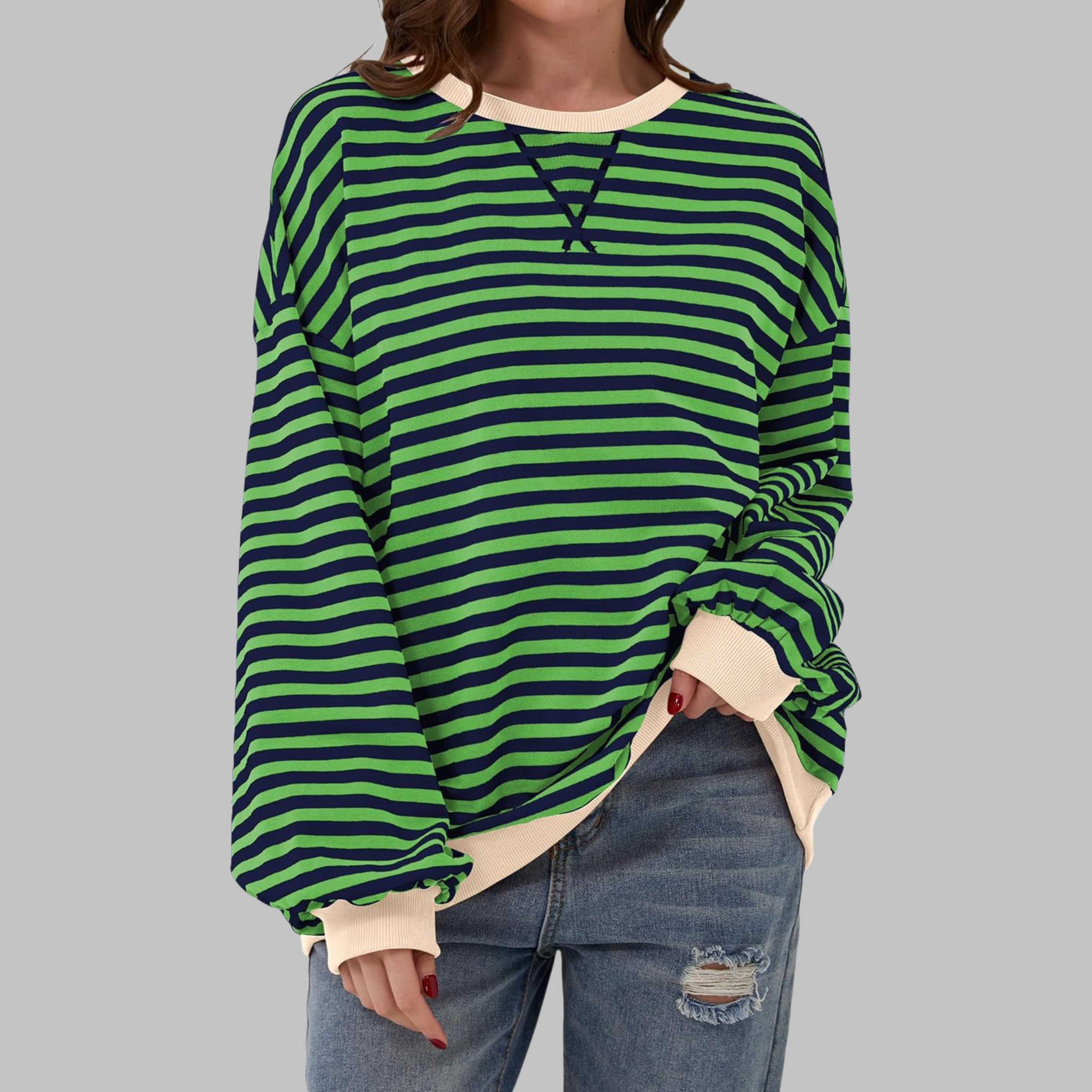 Lola | Women's Striped Long Sleeve Sweater Black White Blue Trim