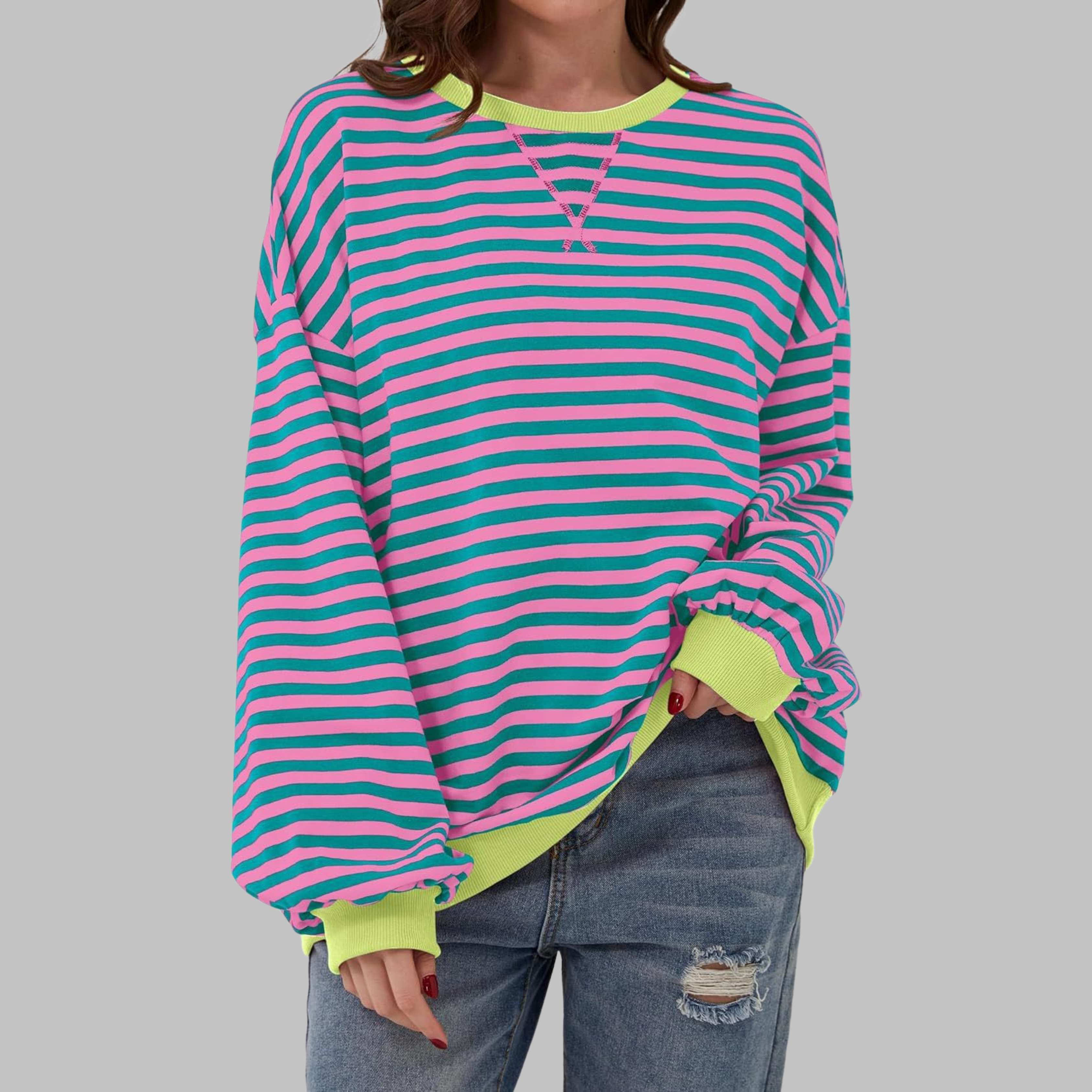 Lola | Women's Striped Long Sleeve Sweater Black White Blue Trim