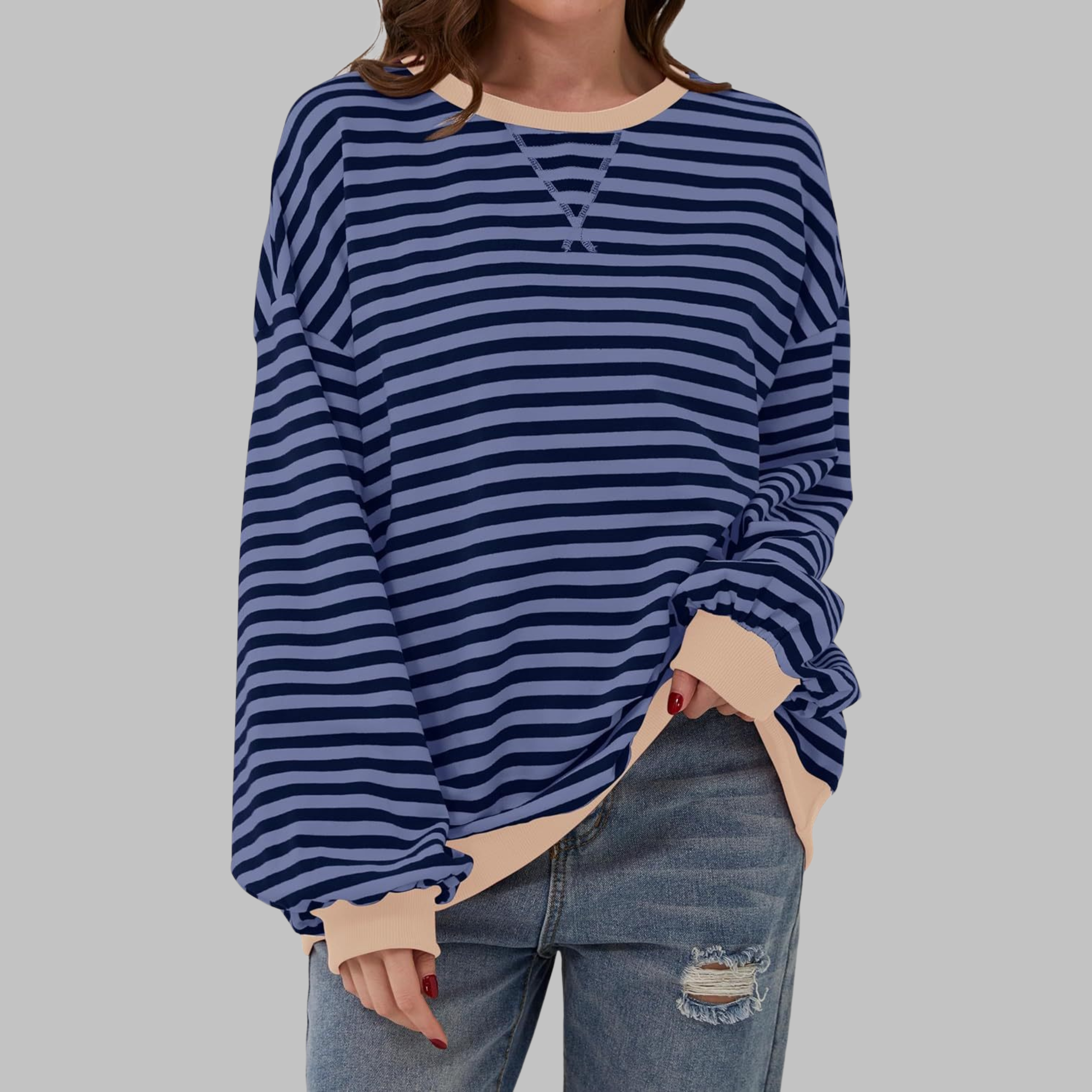 Lola | Women's Striped Long Sleeve Sweater Black White Blue Trim