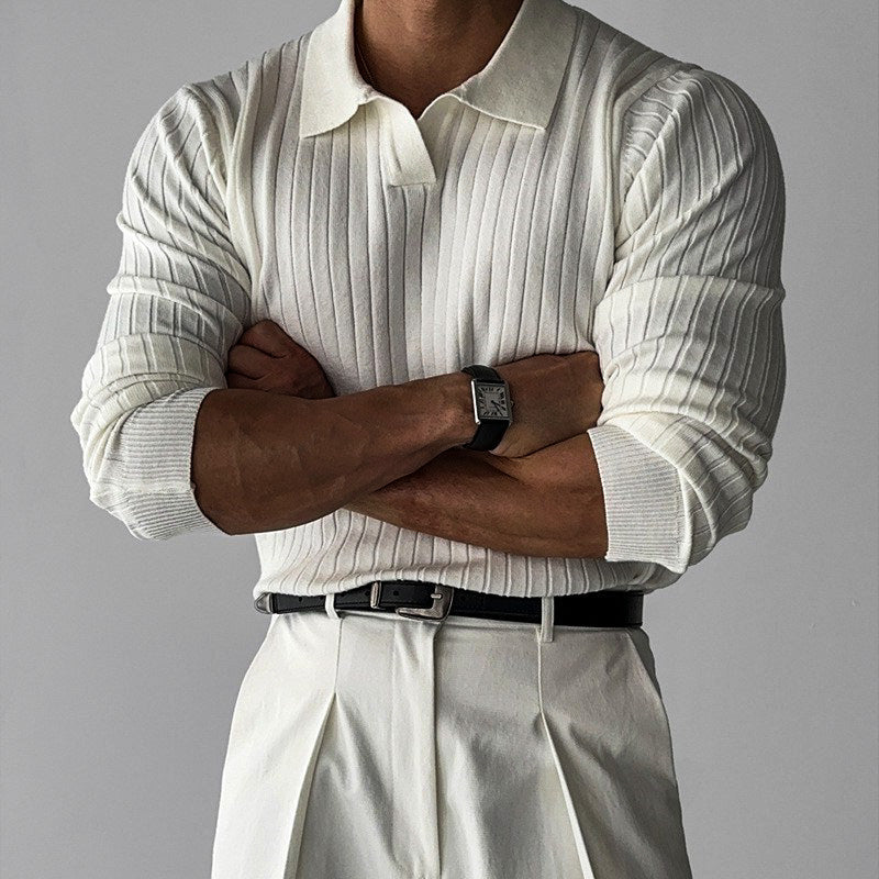 Axel | Men's Polo Shirt Brown Pinstripe Long Sleeve