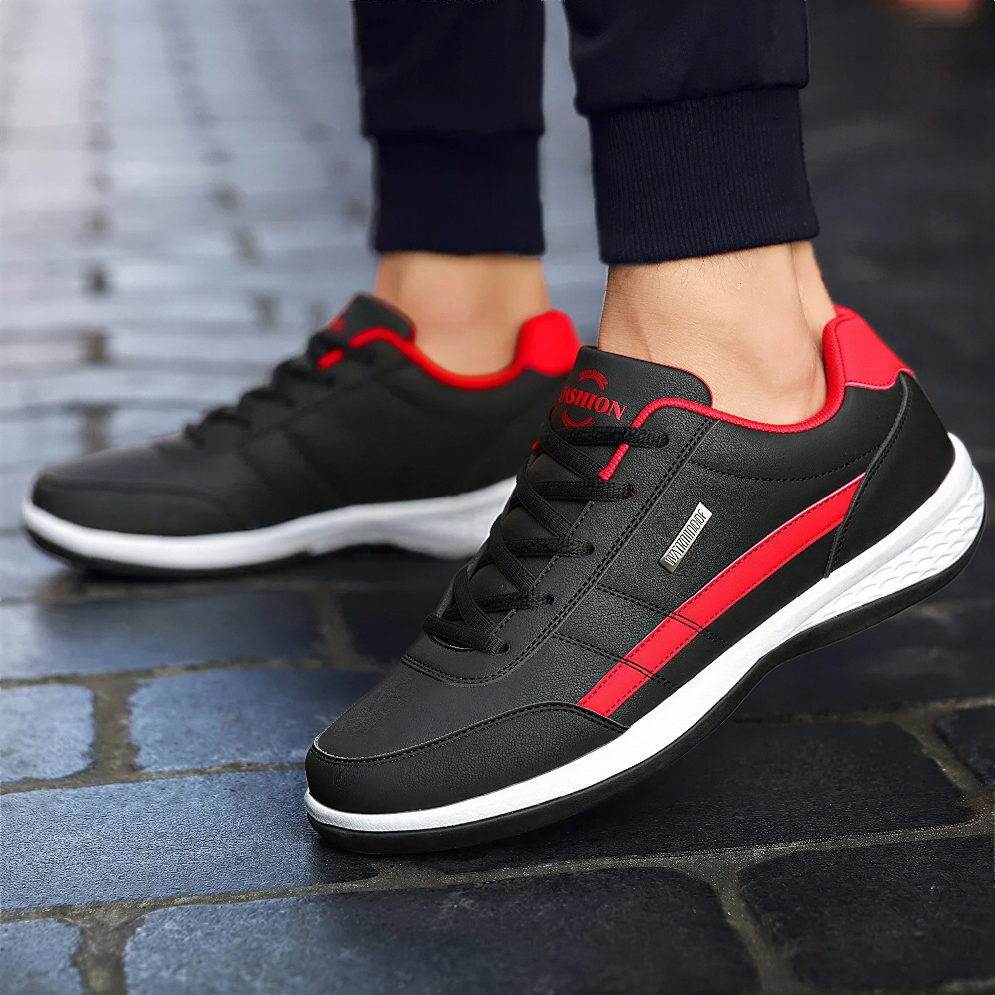 Jude | Men's Casual Low Top Sneakers Black Red White