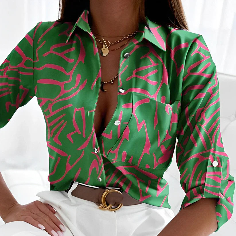 Ines | Women's Button Down Blouse White Abstract Face Print