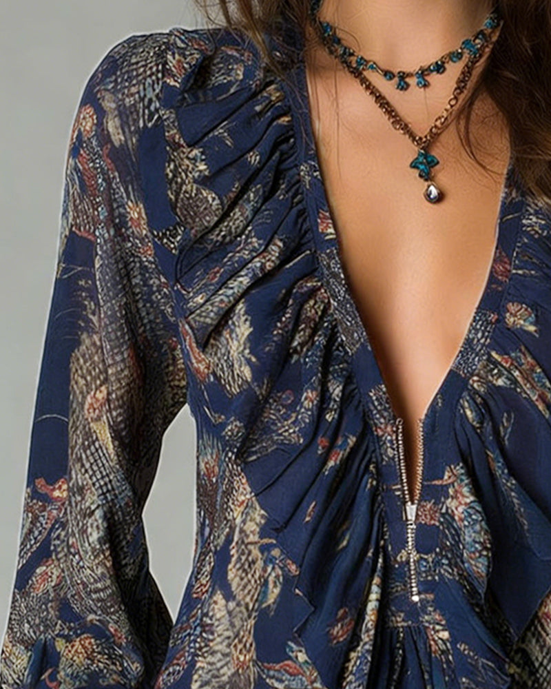 Nina | Women's Ruched Blouse Light Blue Floral Print