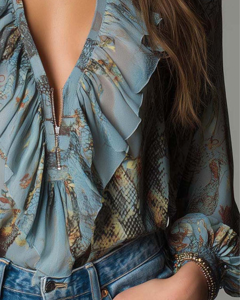 Nina | Women's Ruched Blouse Light Blue Floral Print