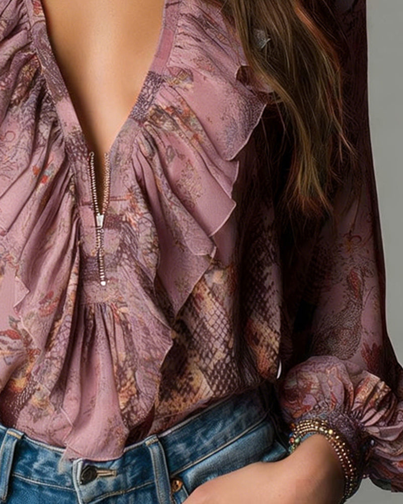 Nina | Women's Ruched Blouse Light Blue Floral Print