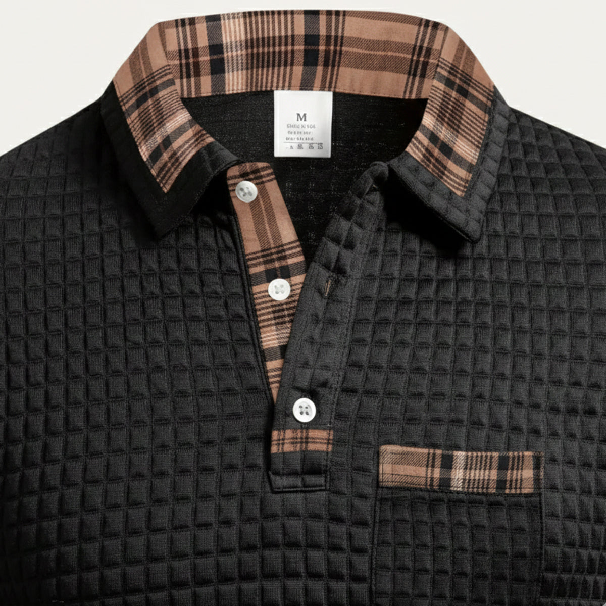 Callum | Men's Quilted Waffle Knit Polo Sweater Black Plaid Collar