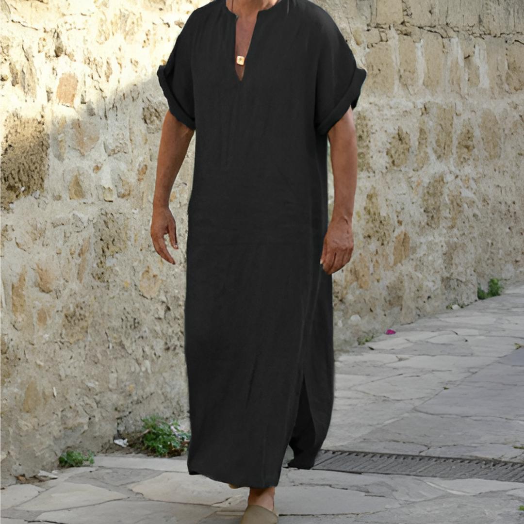 Arlo | Men's Boho Linen Long Shirt Black V Neck