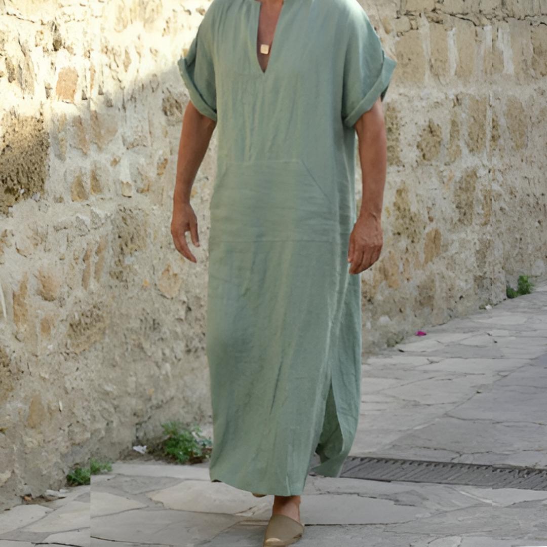 Arlo | Men's Boho Linen Long Shirt Black V Neck