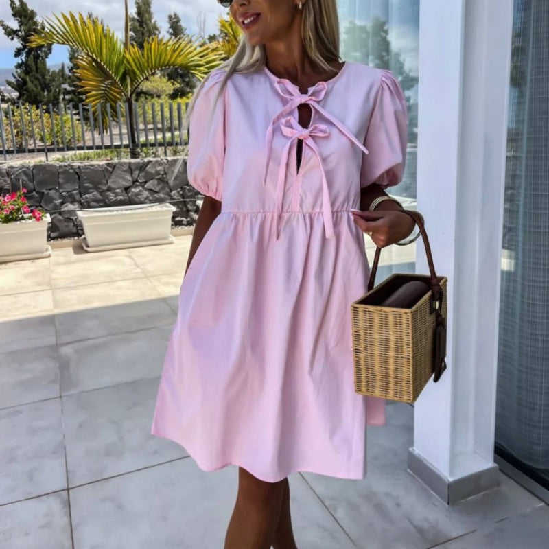 Maeve | Women's Puff Sleeve A Line Midi Dress Light Blue Bow Detail