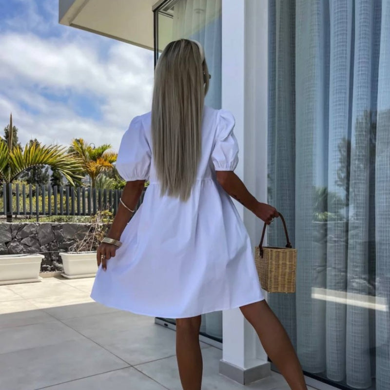 Maeve | Women's Puff Sleeve A Line Midi Dress Light Blue Bow Detail