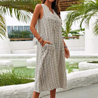 Dama Washington Luisa women's linen striped midi dress cream button front - view 7