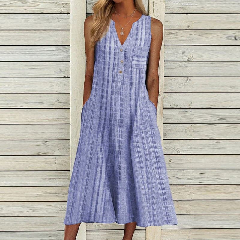 Luisa | Women's Linen Striped Midi Dress Cream Button Front