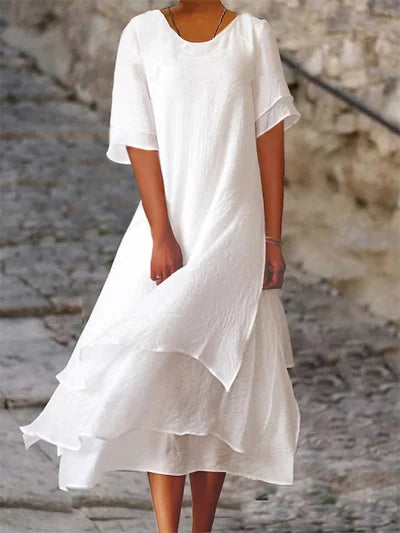 Nina | Women's Linen Midi Dress White Short Sleeve