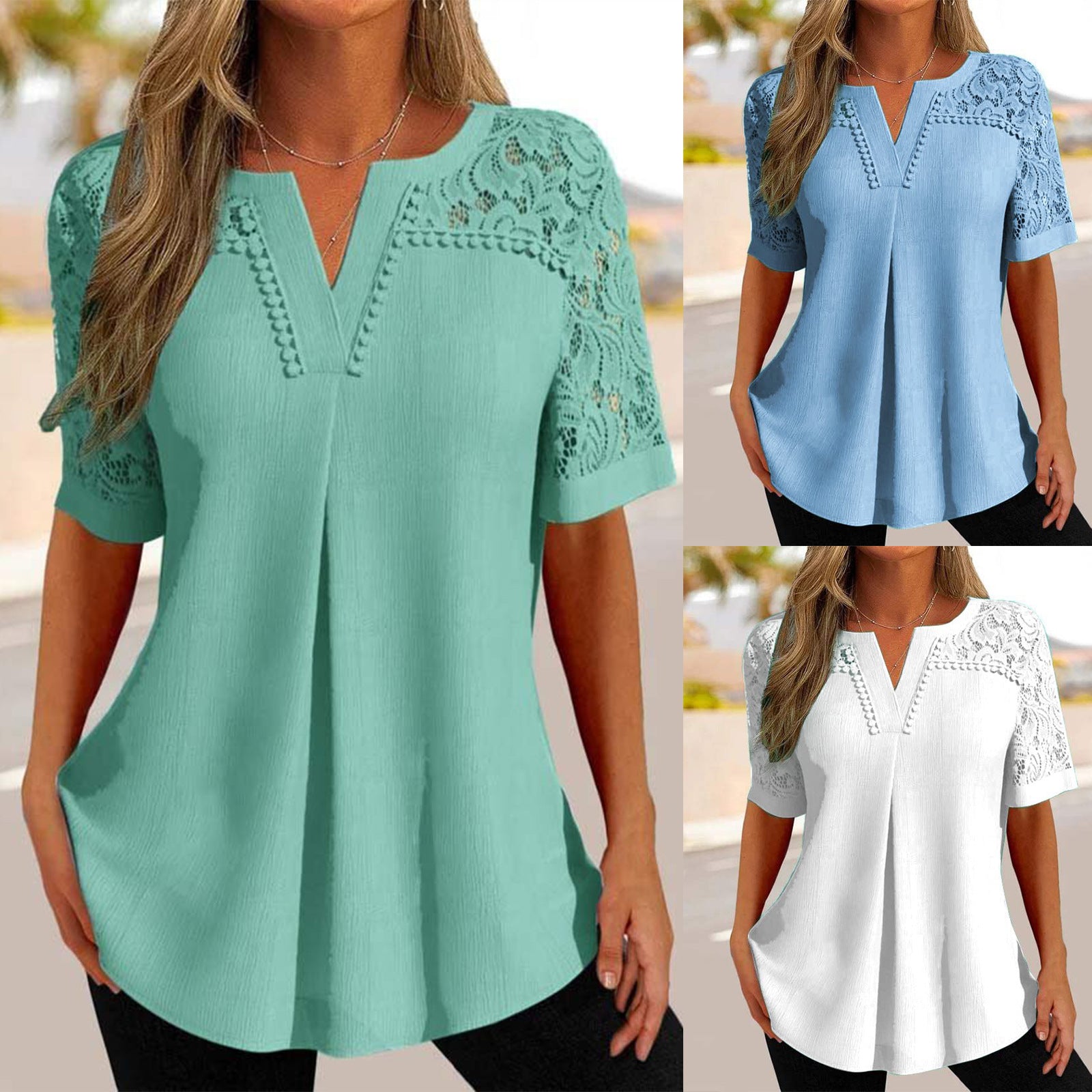 Luisa | Women's Lace Sleeve V Neck Blouse Light Blue