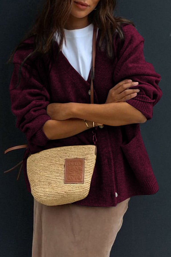 Luisa | Women's Oversized Cardigan Burgundy V Neck Long Sleeve