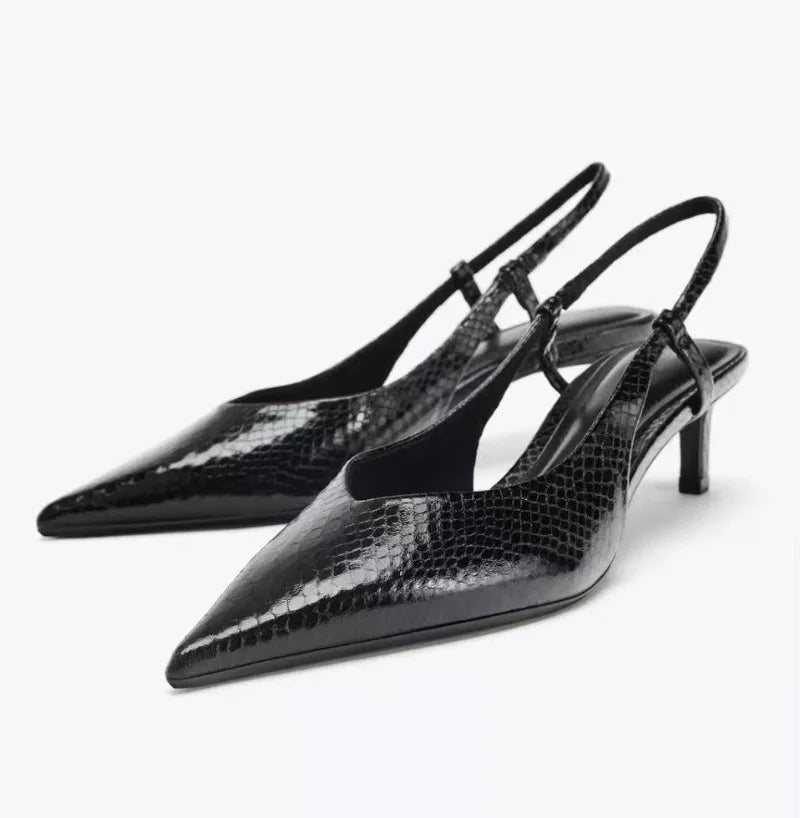 Nola | Women's Pointed Toe Slingback Pumps Black Python
