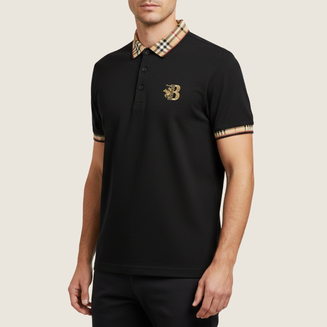 Axel | Men's Polo Shirt Black Check Collar Short Sleeve