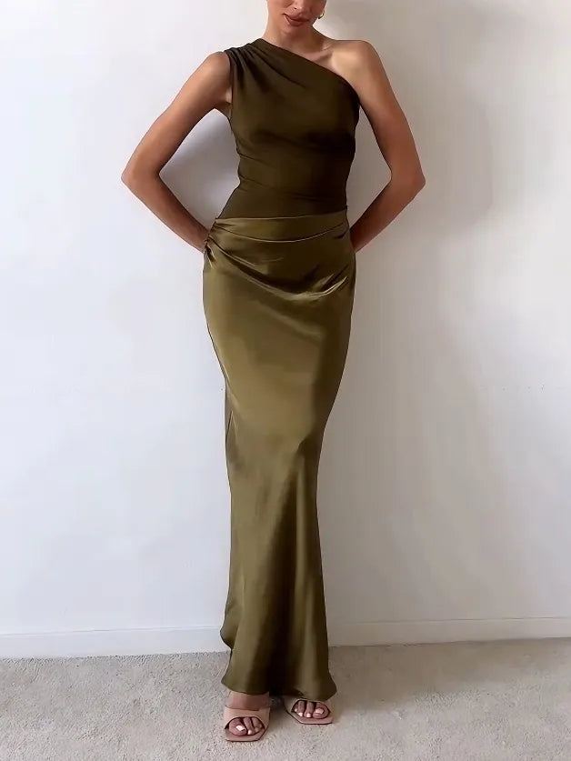 Vera | Women's One Shoulder Satin Maxi Dress Brown
