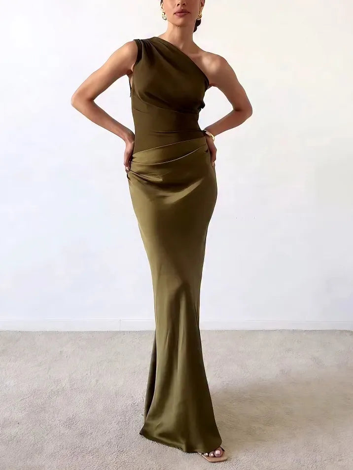 Vera | Women's One Shoulder Satin Maxi Dress Brown