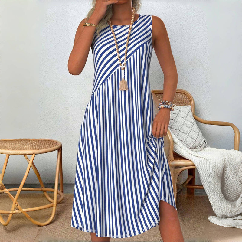 Maren | Women's Striped Midi Dress Sleeveless Navy White