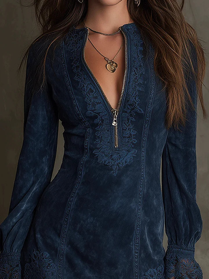 Cleo | Women's Lace Trim Denim Dress Navy Long Sleeve