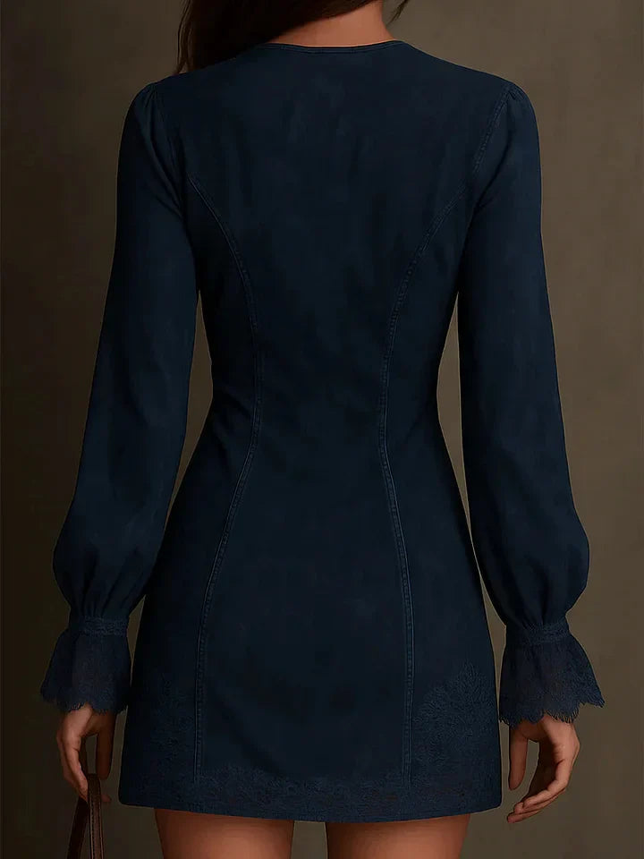 Cleo | Women's Lace Trim Denim Dress Navy Long Sleeve