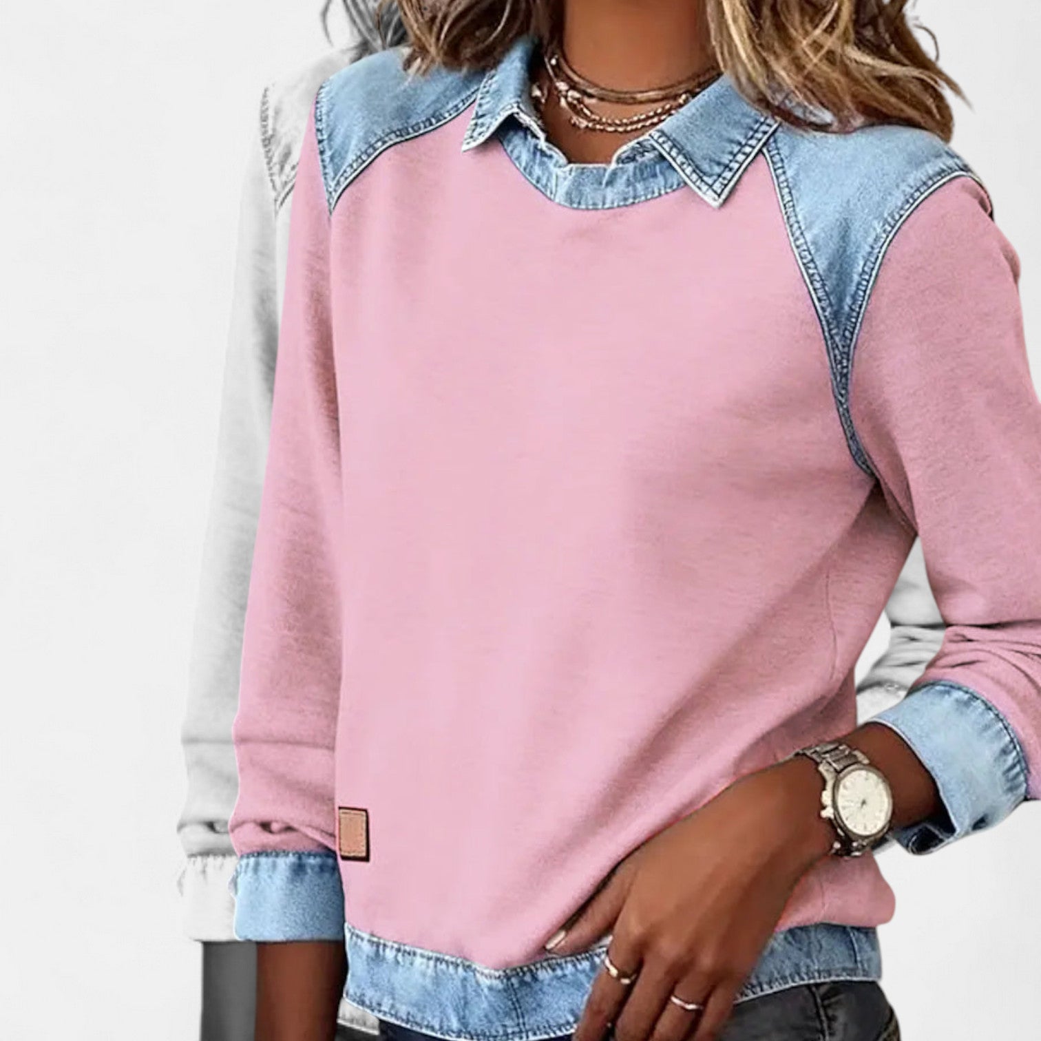 Cleo | Women's Denim Colorblock Sweatshirt Cream Light Blue