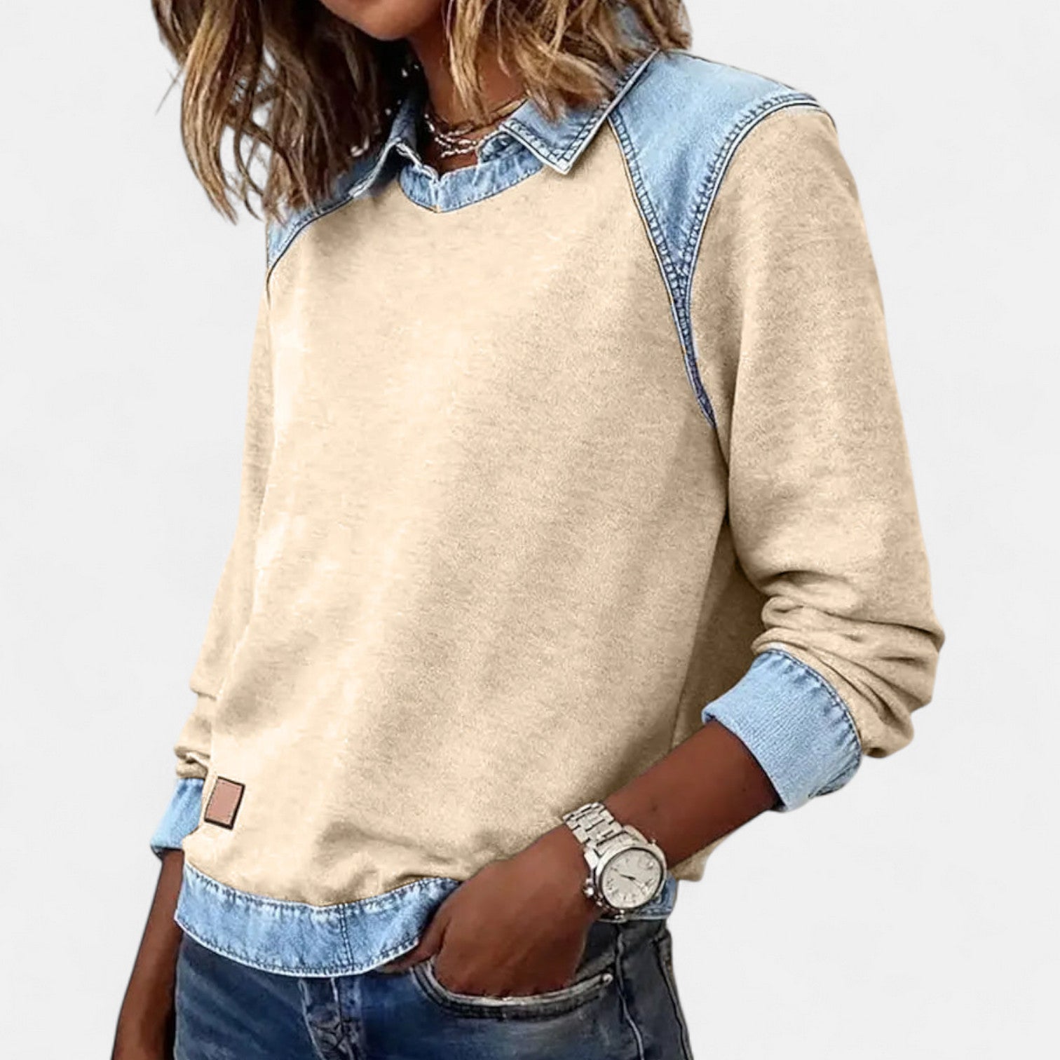 Cleo | Women's Denim Colorblock Sweatshirt Cream Light Blue