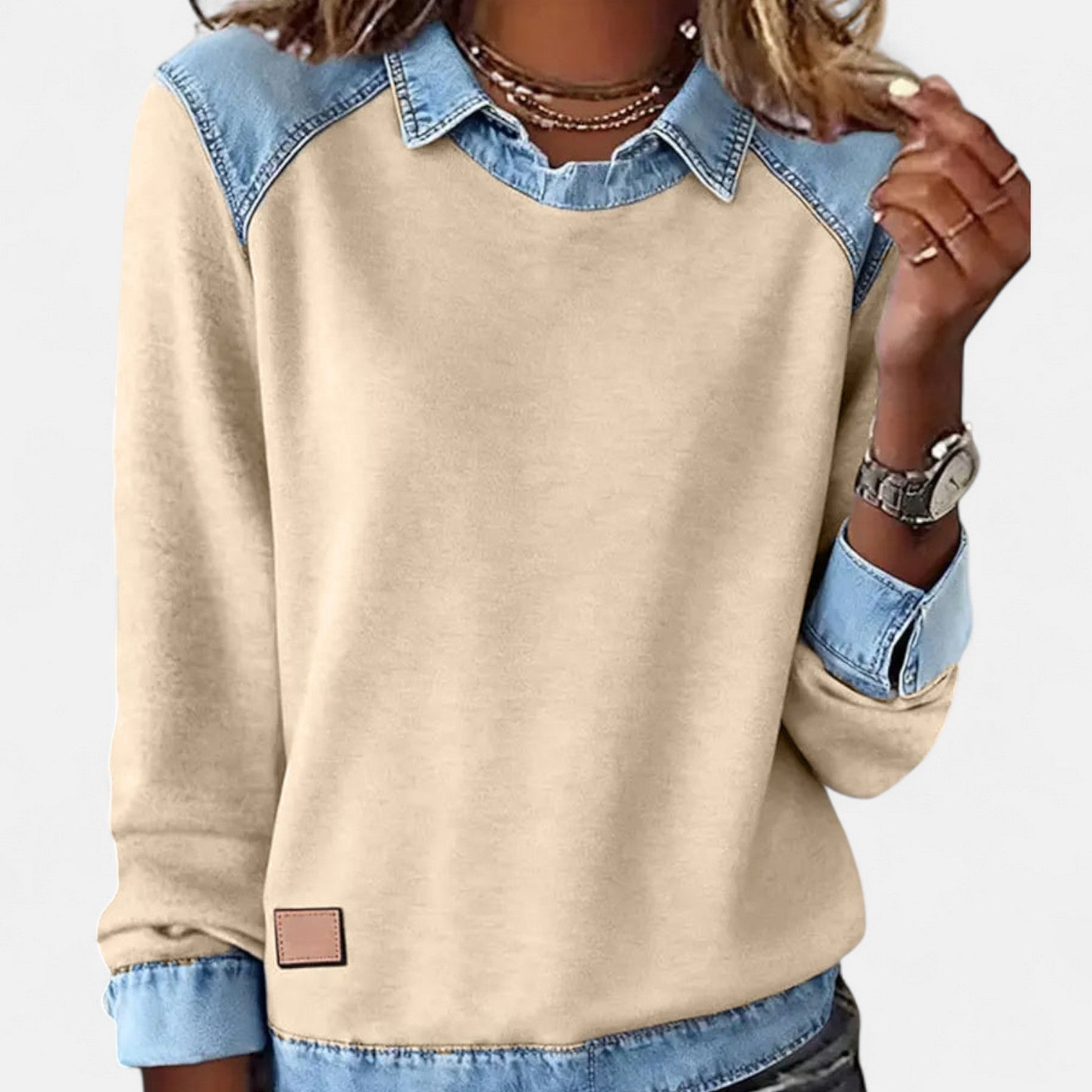 Cleo | Women's Denim Colorblock Sweatshirt Cream Light Blue