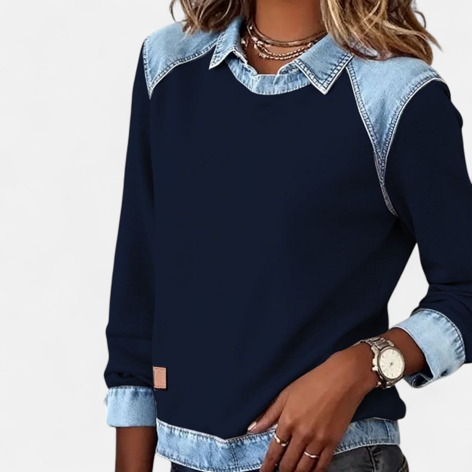 Cleo | Women's Denim Colorblock Sweatshirt Cream Light Blue