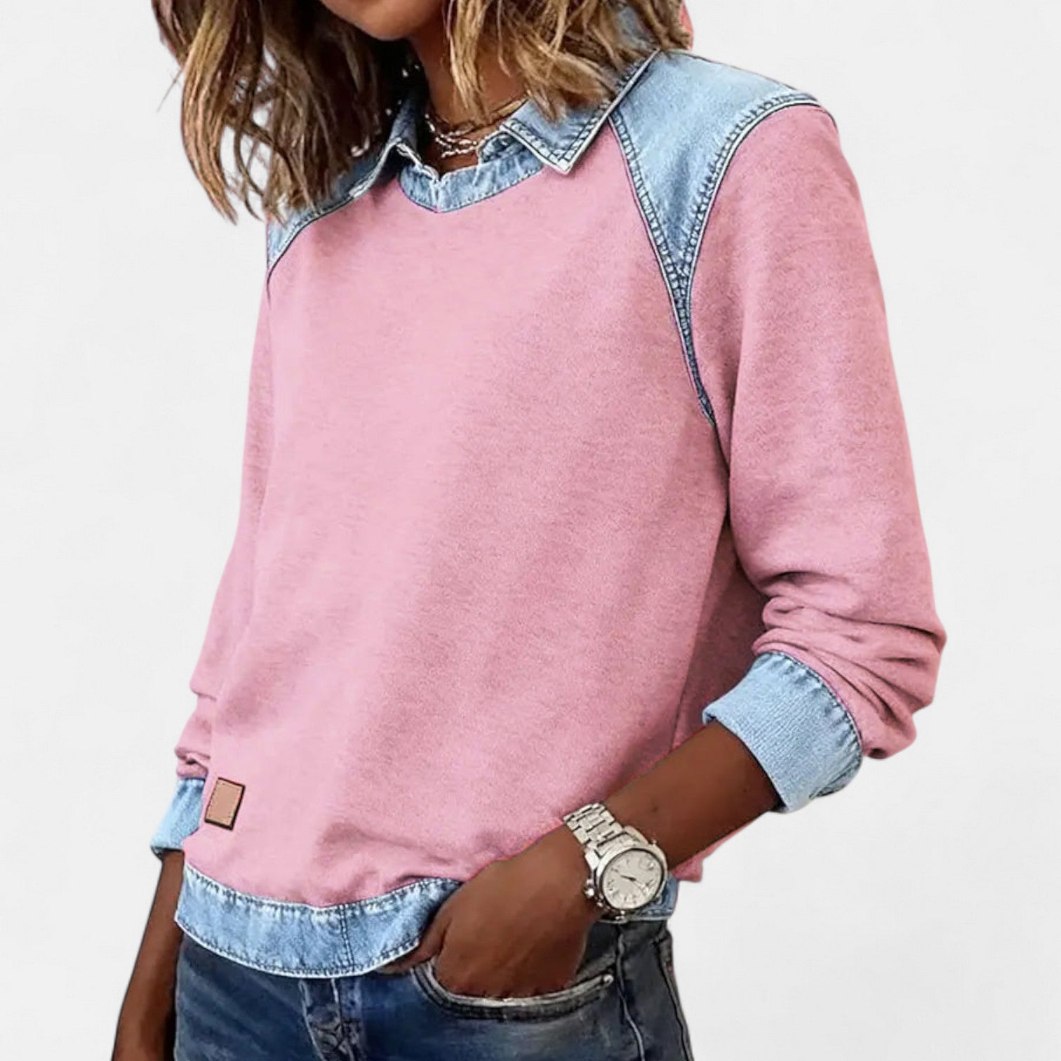 Cleo | Women's Denim Colorblock Sweatshirt Cream Light Blue