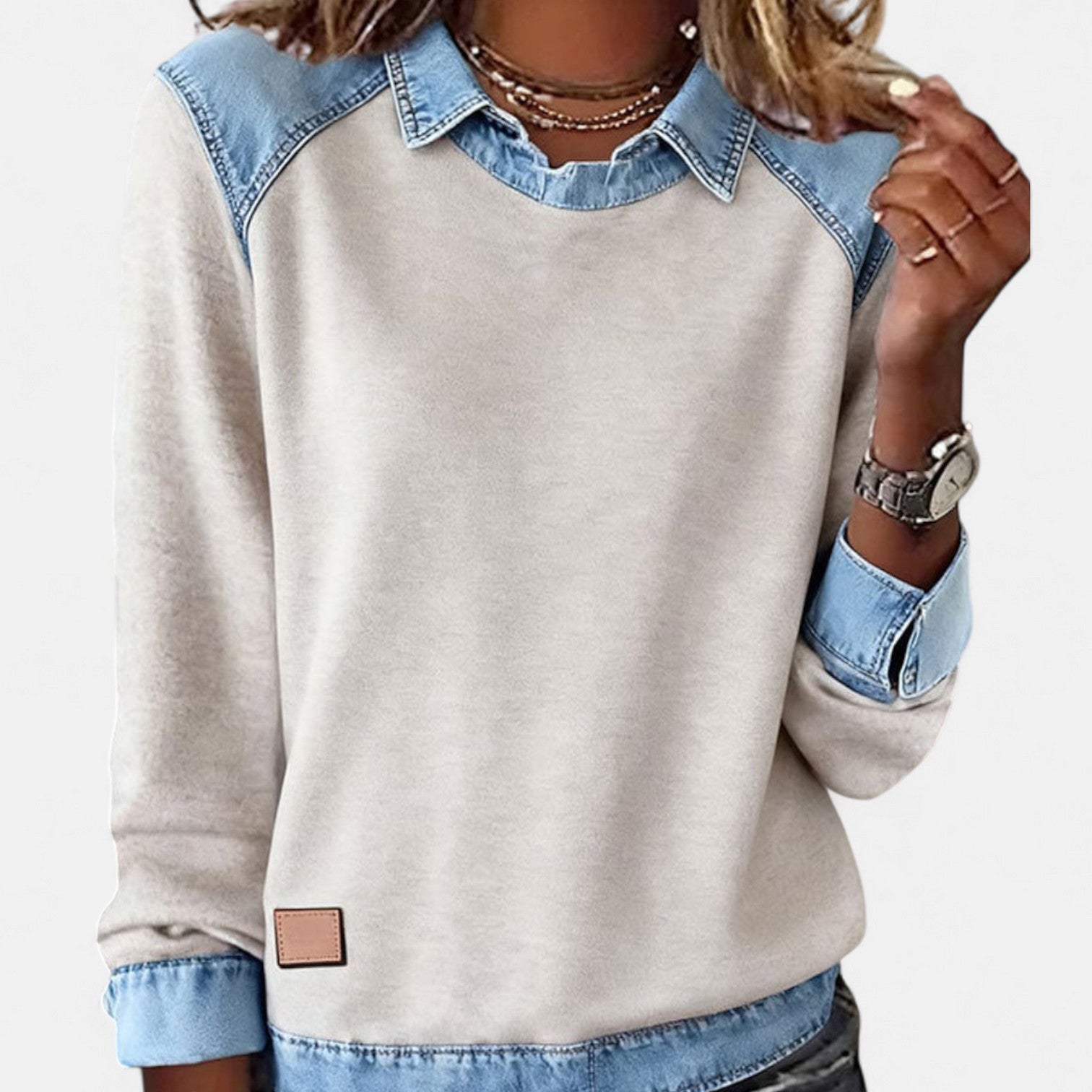 Cleo | Women's Denim Colorblock Sweatshirt Cream Light Blue