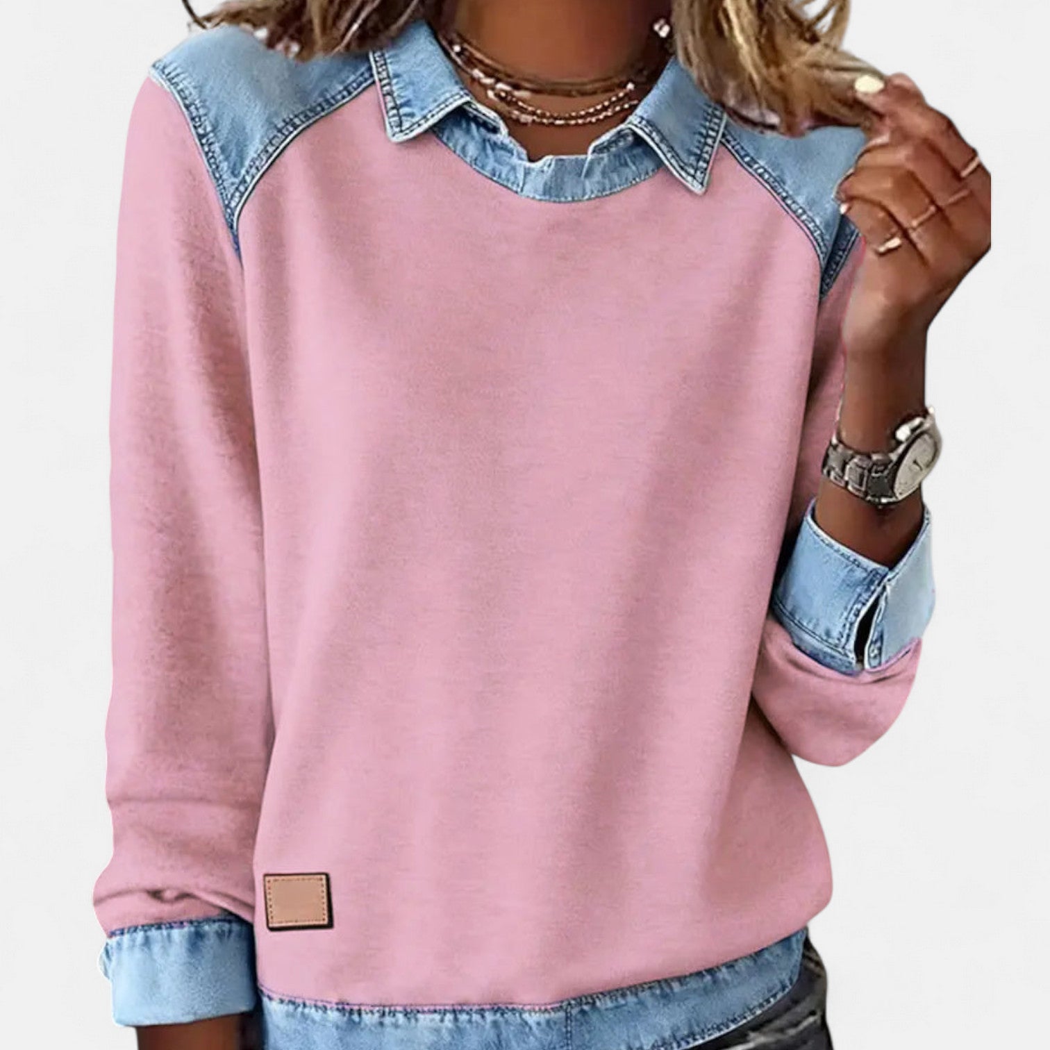 Cleo | Women's Denim Colorblock Sweatshirt Cream Light Blue