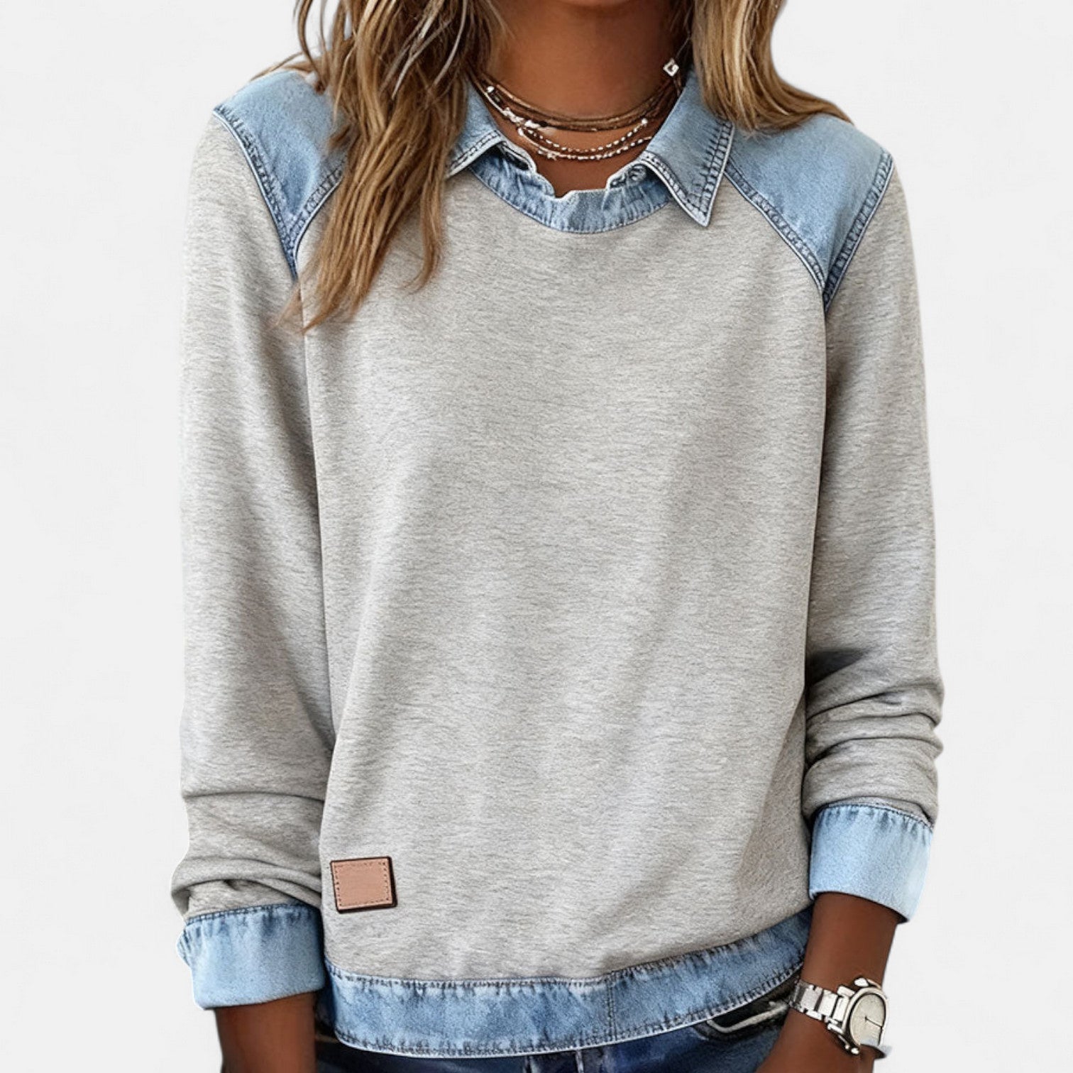 Cleo | Women's Denim Colorblock Sweatshirt Cream Light Blue